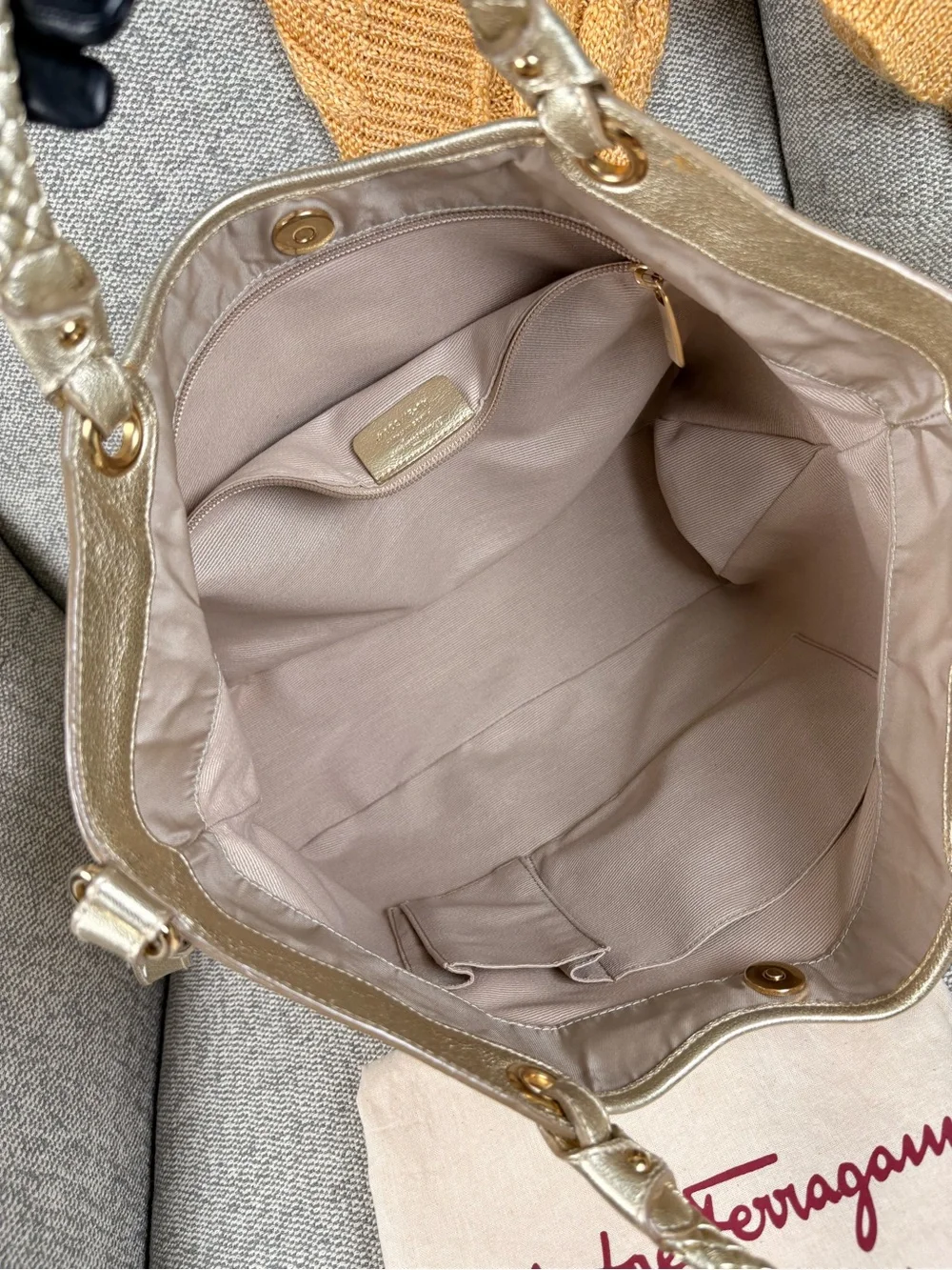 Salvatore Ferragamo Beige Nylon Shoulder Bag with Metallic Gold Trim